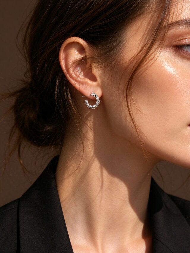 Silver Crushed CZ Hoop Earrings - Minimalist Luxury C-Shaped Stud Earrings for Women