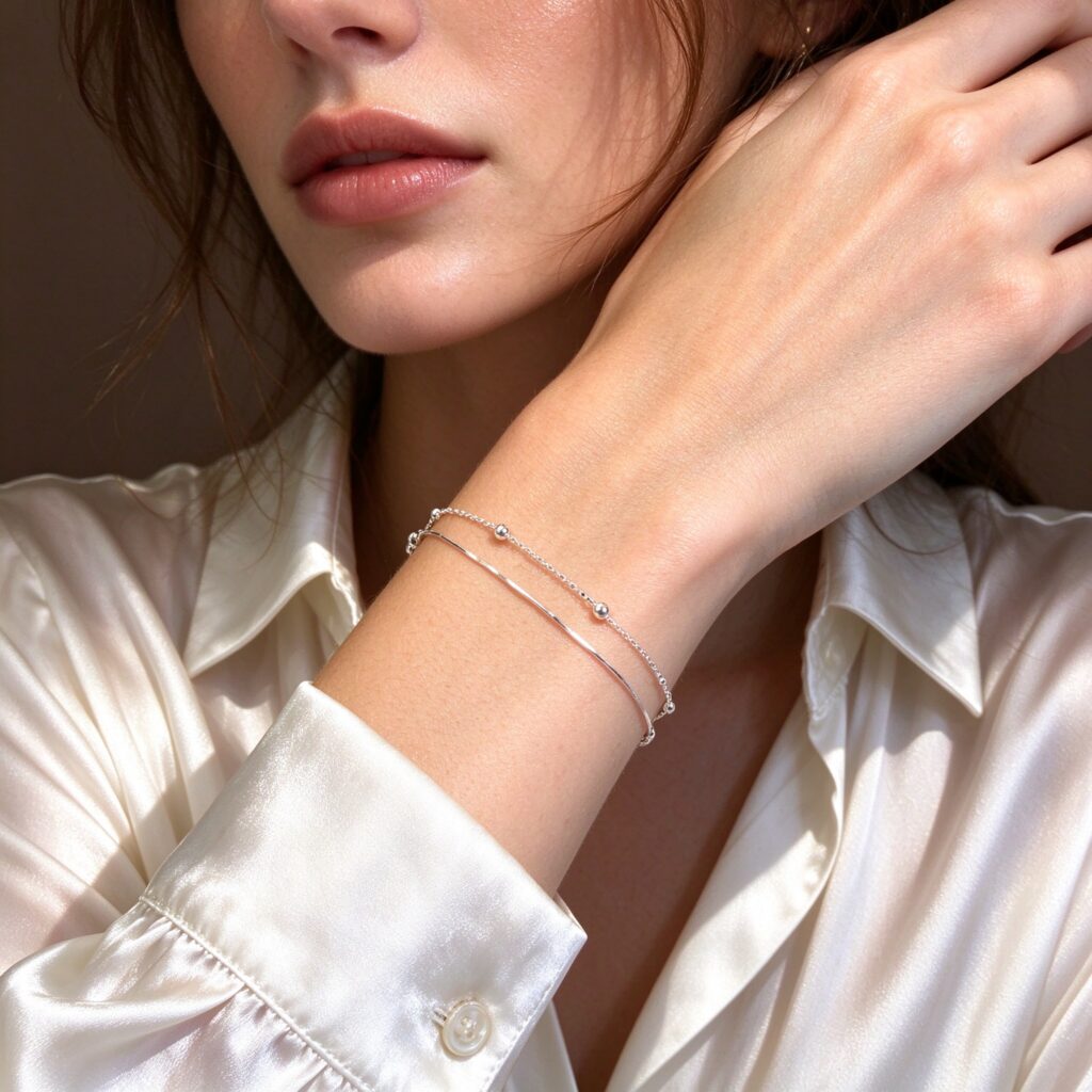 Silver Double Layer Beaded Bracelet – Dainty Minimalist Layered Chain Bracelet for Women