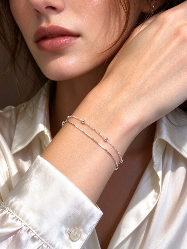 Silver Double Layer Beaded Bracelet - Dainty Minimalist Layered Chain Bracelet for Women