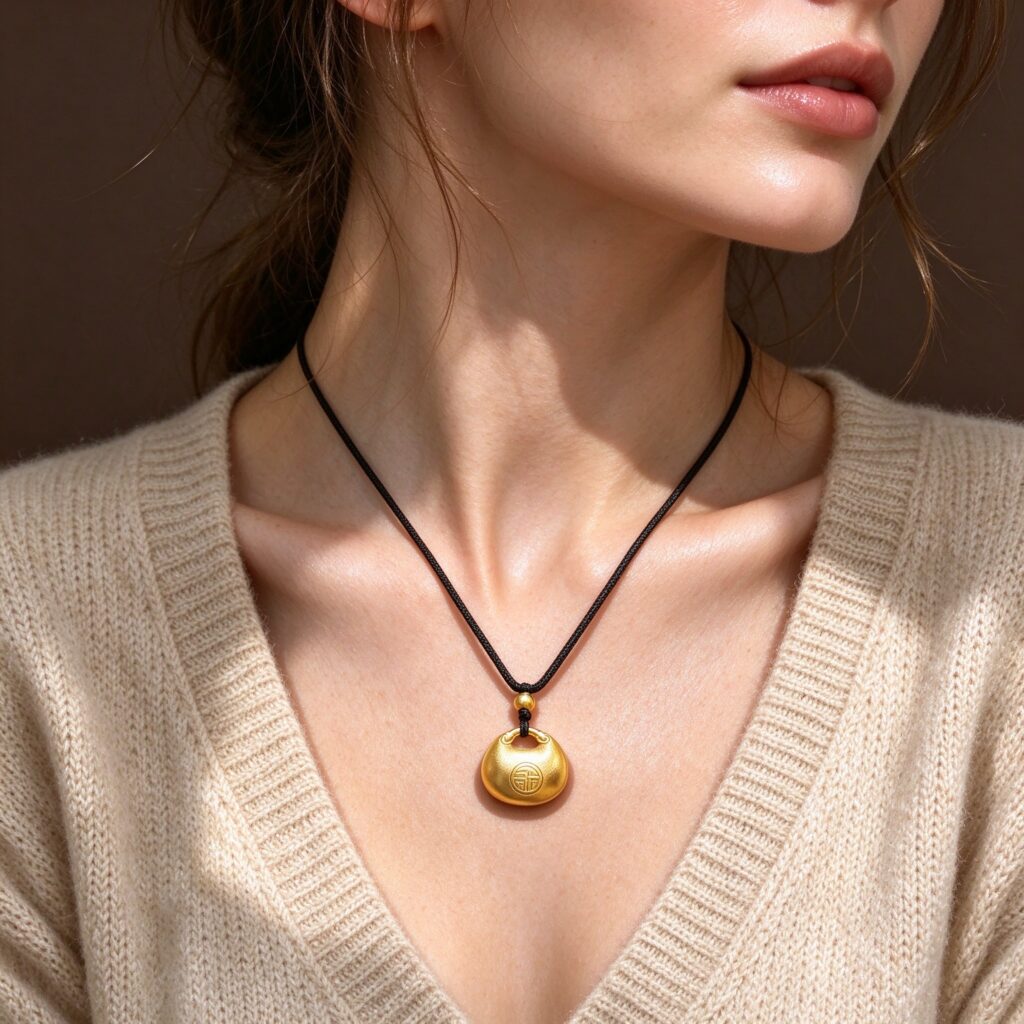 Gold Fat Fortune Pendant Necklace – New Chinese Style Fu Character Black Cord Necklace for Women