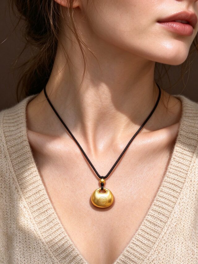 Gold Fat Fortune Pendant Necklace - New Chinese Style Fu Character Black Cord Necklace for Women