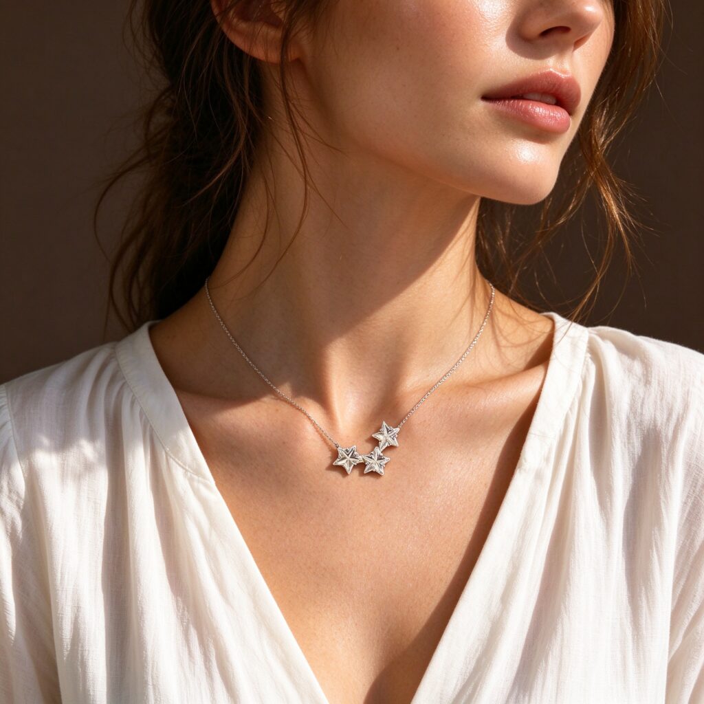 Silver Three Star Pendant Necklace – Dainty Celestial Clavicle Chain Necklace for Women