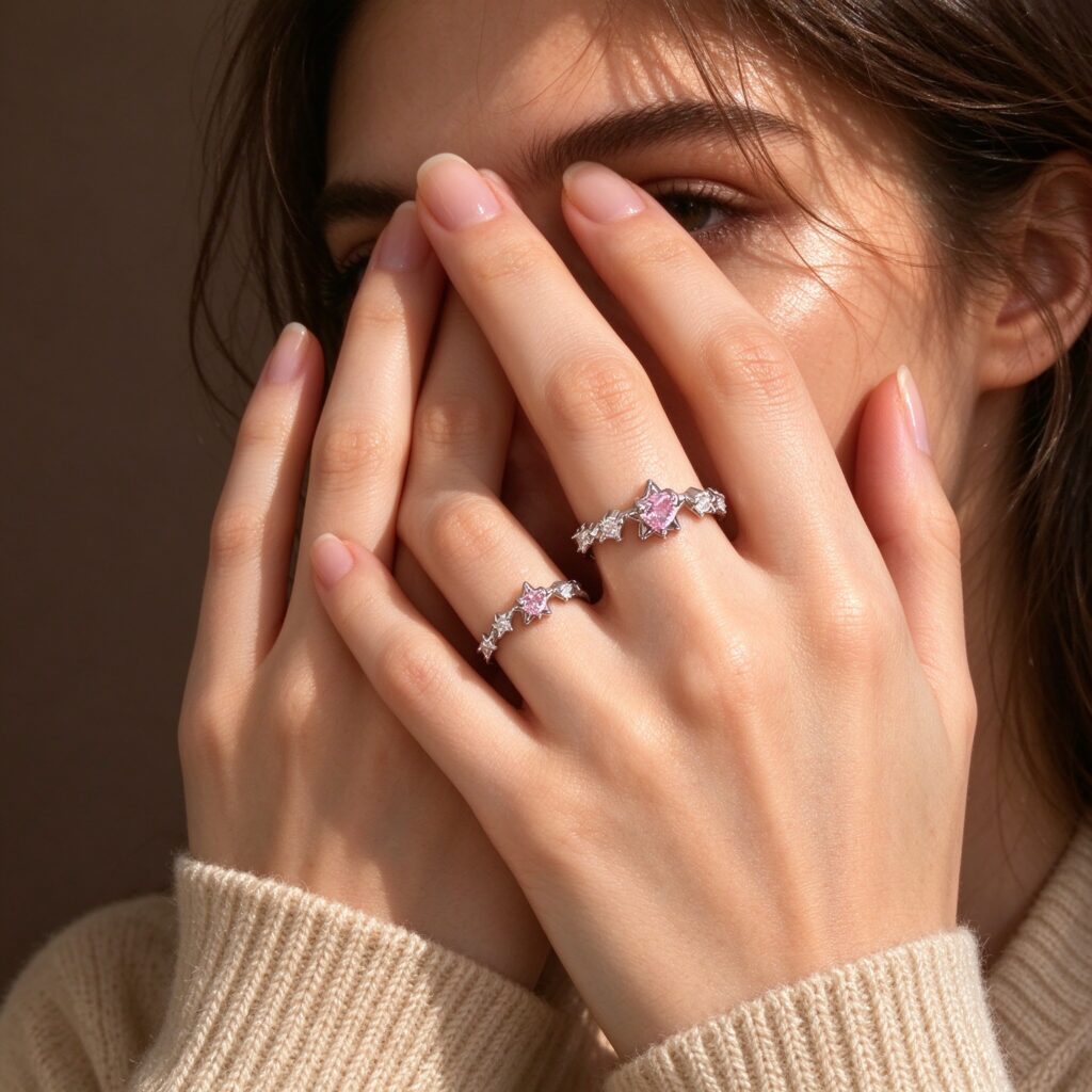 Silver Star Couple Ring Set – Pink Heart CZ Matching Promise Rings for Women