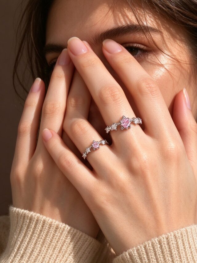 Silver Star Couple Ring Set - Pink Heart CZ Matching Promise Rings for Women