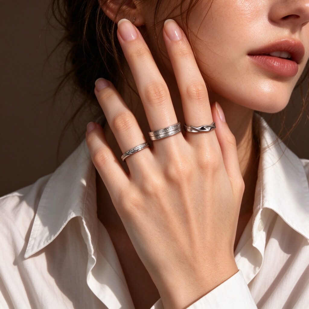 Silver Minimalist Plain Ring Set – 3Pcs Stackable Adjustable Cool Style Rings for Women