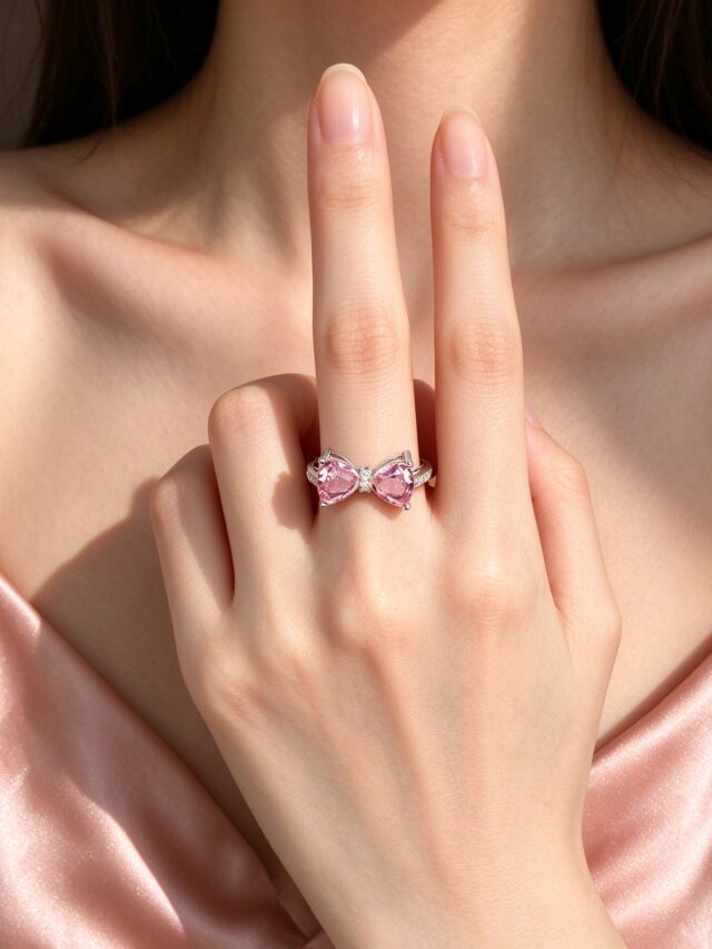 Silver Bow Pink CZ Ring - Elegant Feminine Adjustable Statement Ring for Women