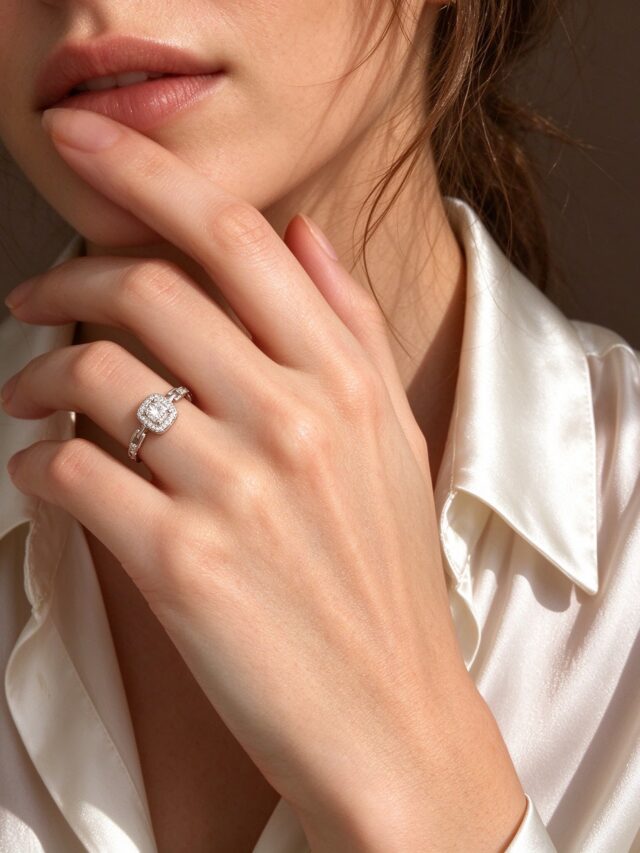 Silver Square CZ Halo Chain Ring - Elegant Modern Adjustable Statement Ring for Women