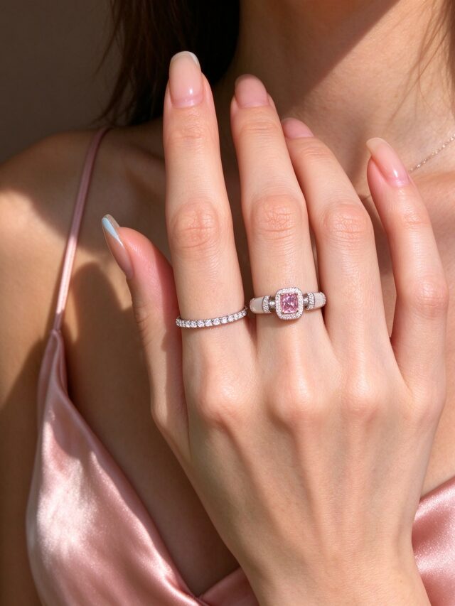 Pink Sugar CZ Ring Set - 2Pcs Stackable Adjustable Romantic Rings for Women
