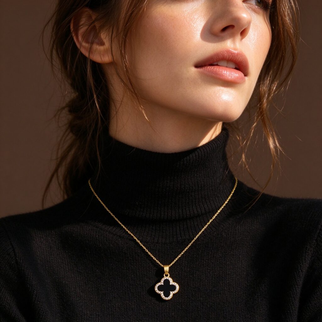 Gold Four Leaf Clover Necklace – Black Mother of Pearl CZ Halo Pendant for Women