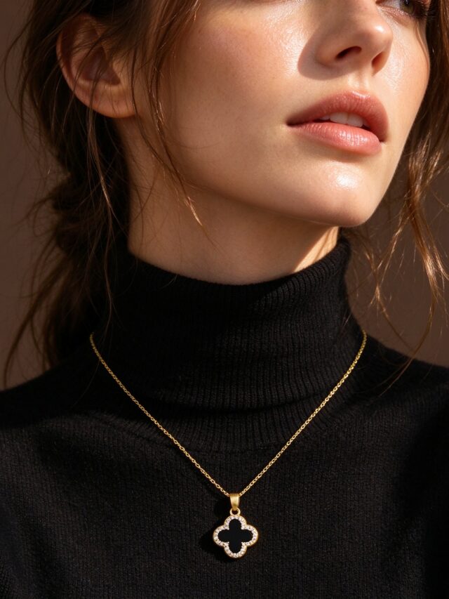 Gold Four Leaf Clover Necklace - Black Mother of Pearl CZ Halo Pendant for Women