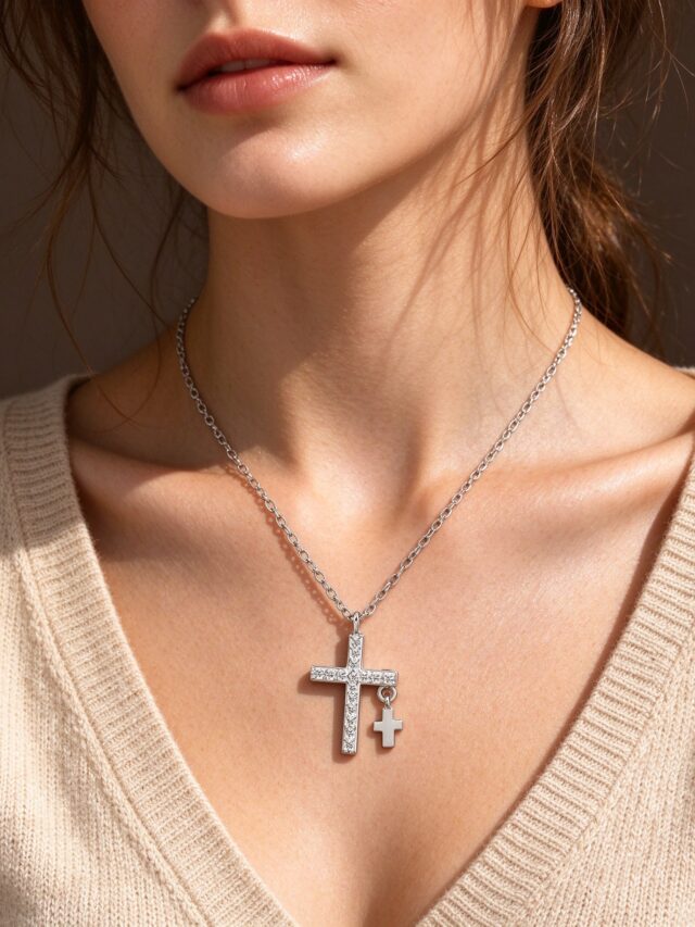 Silver Double Cross CZ Necklace - Titanium Steel Minimalist Pendant for Women