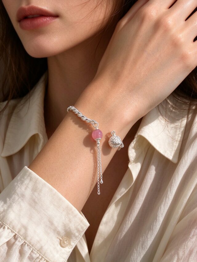 Silver Twisted Bell Bangle - New Chinese Style Pink Bead Tassel Adjustable Bracelet