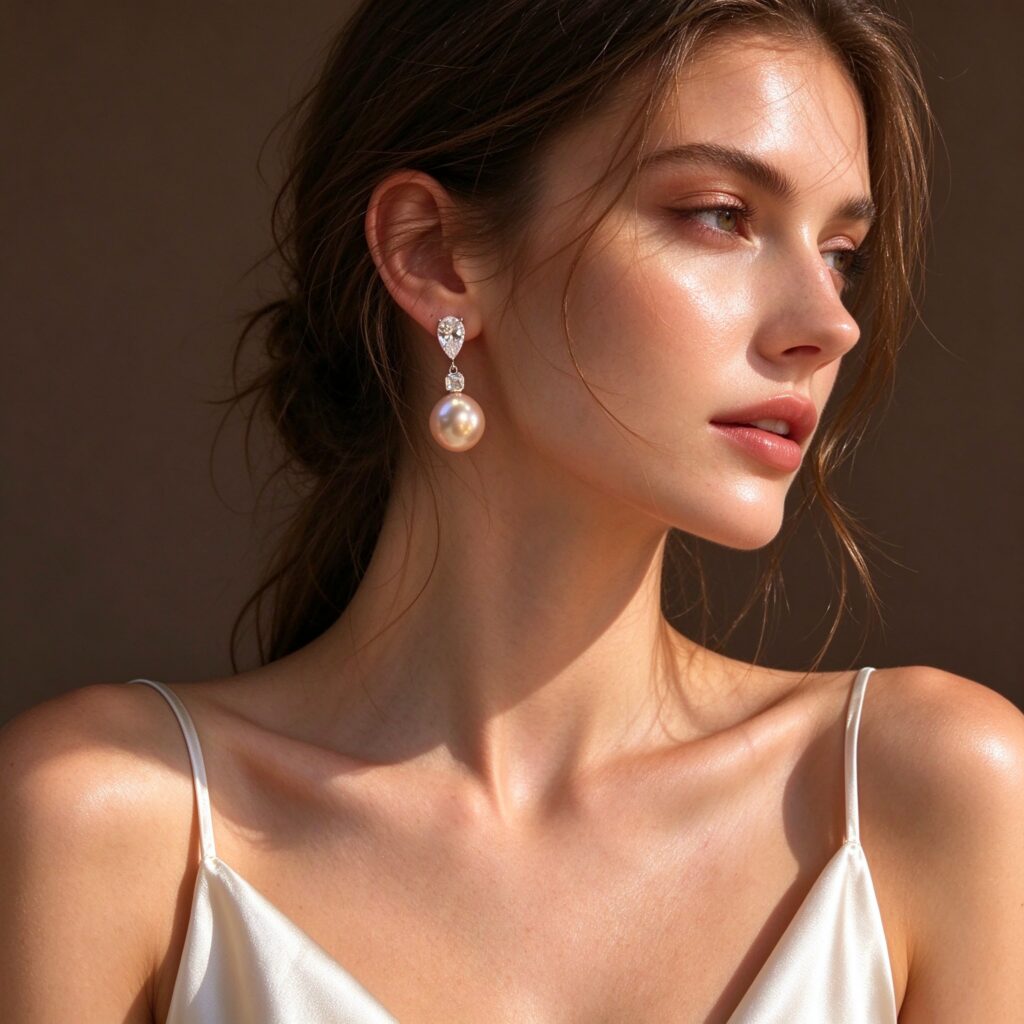Champagne Pearl CZ Drop Earrings – Elegant Silver Teardrop Stone Dangle Earrings for Women