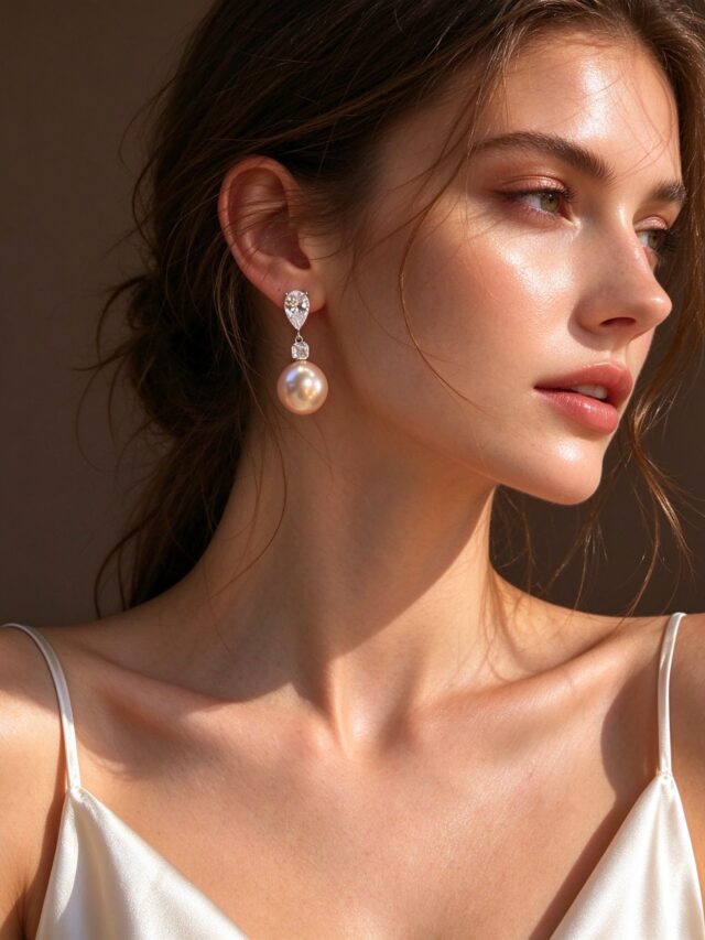 Champagne Pearl CZ Drop Earrings - Elegant Silver Teardrop Stone Dangle Earrings for Women