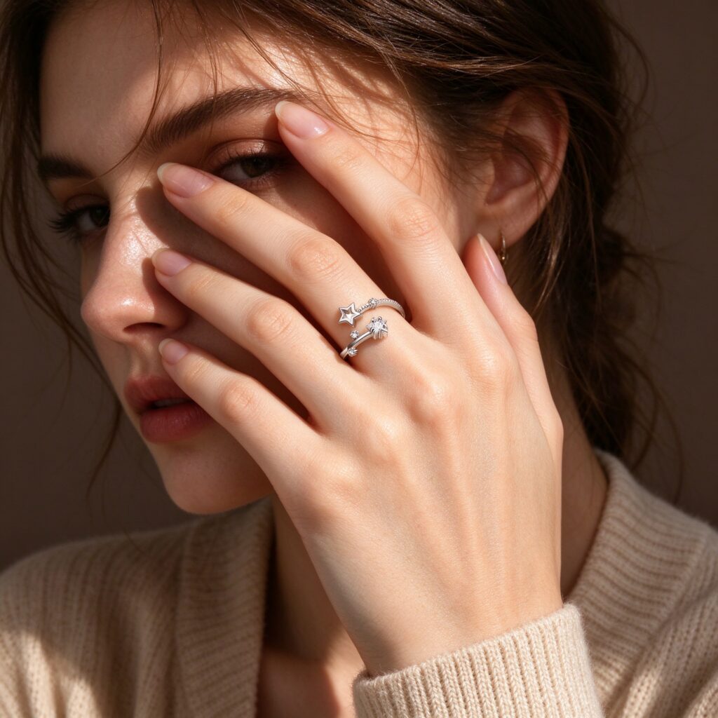 Silver Star Wish CZ Open Ring – Delicate Hollow Star Adjustable Ring for Women