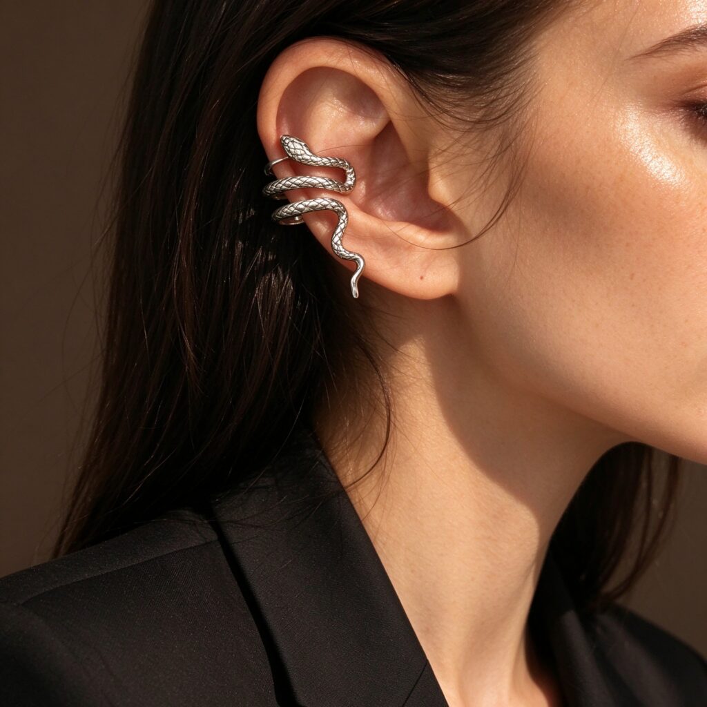 Vintage Silver Snake Ear Cuff – Punk Cartilage Clip On Earring No Piercing Needed