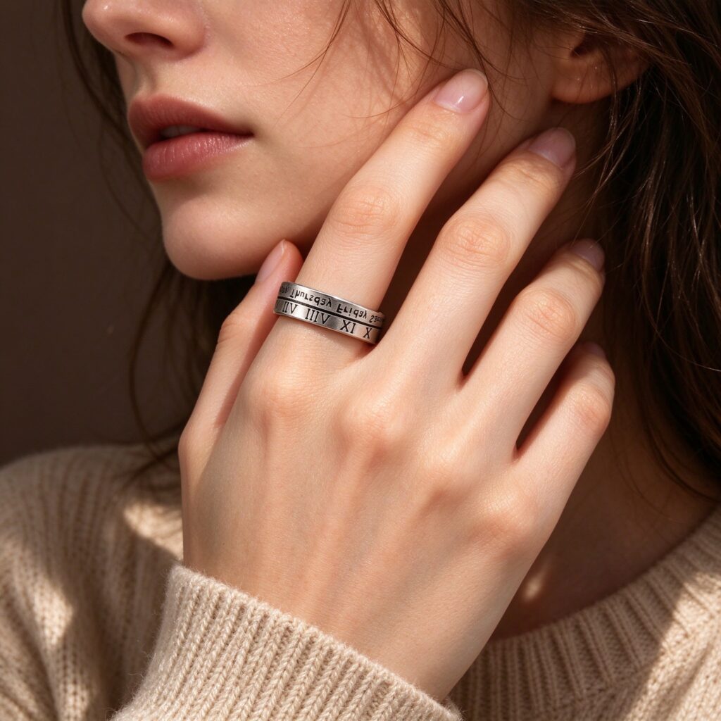 Vintage Roman Numeral Engraved Open Ring – Distressed Silver Stackable Ring for Women