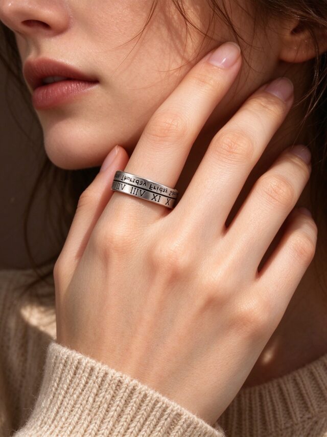 Vintage Roman Numeral Engraved Open Ring - Distressed Silver Stackable Ring for Women