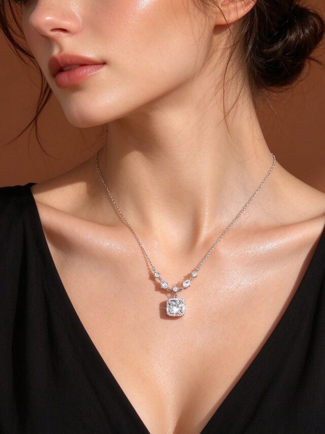 Silver CZ Square Halo Pendant Necklace - Delicate Sparkling Chain Necklace for Women