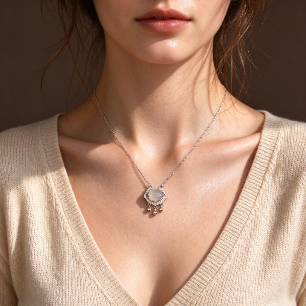 Chinese Ruyi Lock White Agate Necklace – Auspicious Bell Charm Pendant for Women