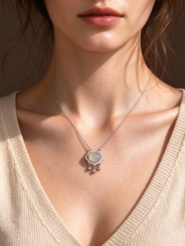 Chinese Ruyi Lock White Agate Necklace - Auspicious Bell Charm Pendant for Women
