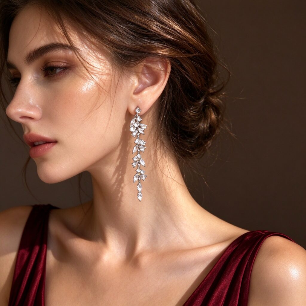 Silver CZ Tassel Drop Earrings – Sparkling Marquise Crystal Dangle Earrings for Women