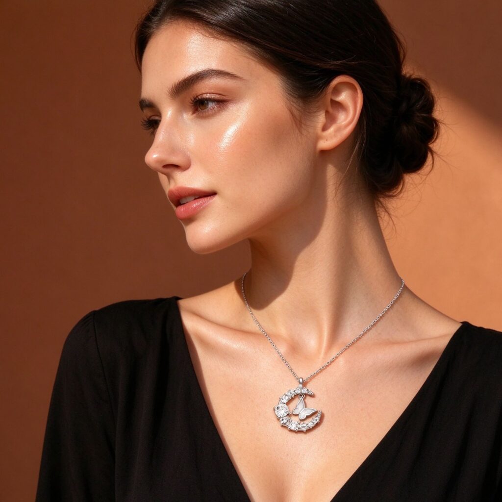 Silver Moon CZ Butterfly Necklace – Crescent Moon Pendant with Butterfly Charm for Women