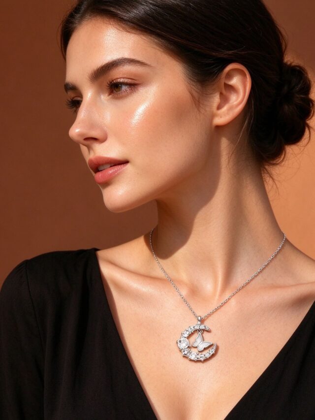 Silver Moon CZ Butterfly Necklace - Crescent Moon Pendant with Butterfly Charm for Women