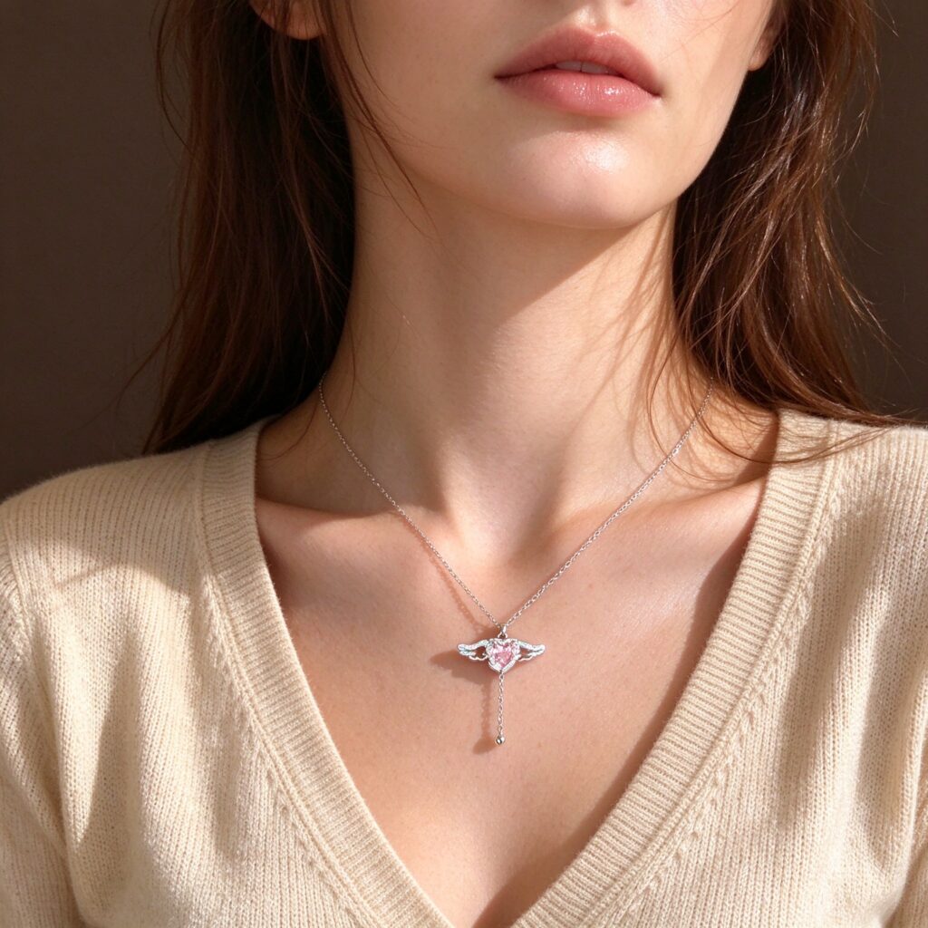 Silver Cupid Heart CZ Necklace – Pink Heart Angel Wing Pendant with Dangling Charm