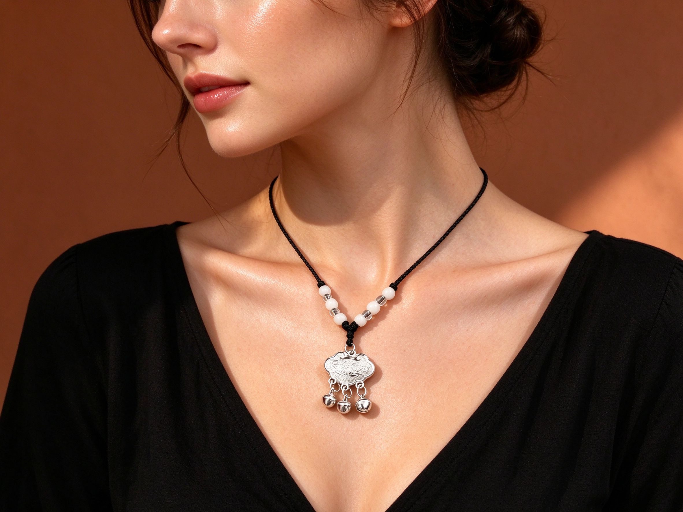 Silver Longevity Lock Bell Necklace – Traditional Chinese Peace Lock Pendant with Bells