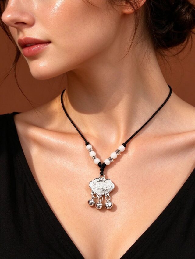 Silver Longevity Lock Bell Necklace - Traditional Chinese Peace Lock Pendant with Bells