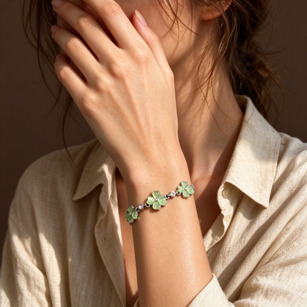 Green Cats Eye Four Leaf Clover Bracelet – Silver Lucky Clover Charm Bracelet with CZ