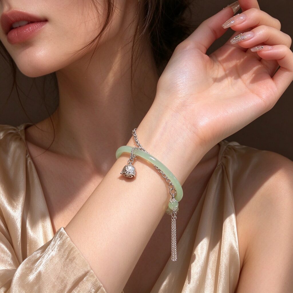 Chinese Traditional Bell Tassel Bracelet Set – Light Green Jade Bangle with Silver Charm