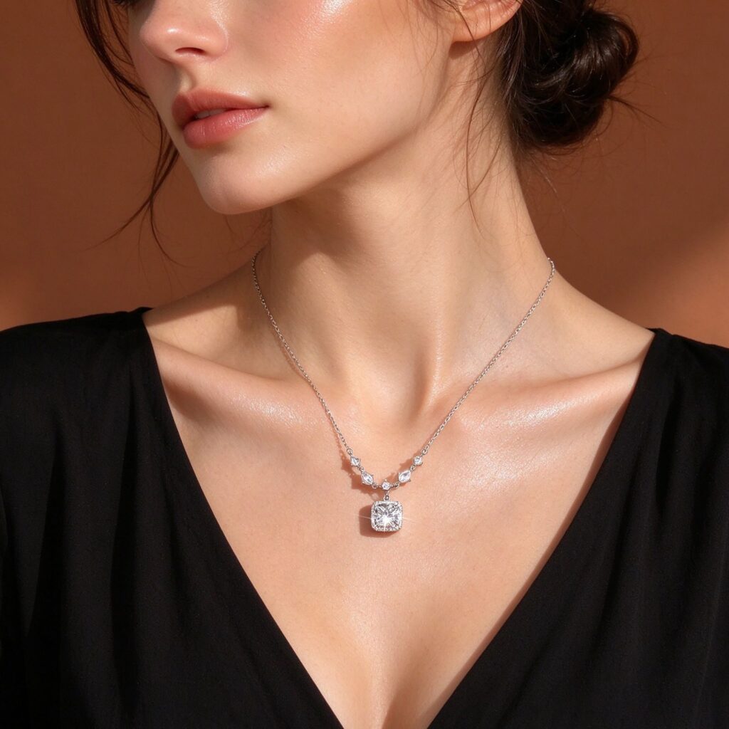 Silver Square CZ Pendant Necklace – Dainty Crystal Halo Necklace for Women