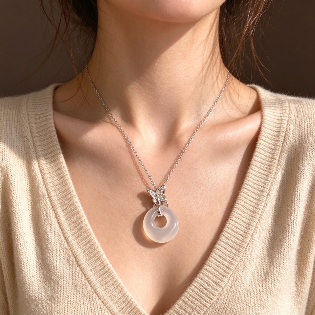 Silver Butterfly Chalcedony Peace Buckle Necklace – Chinese Traditional Pendant