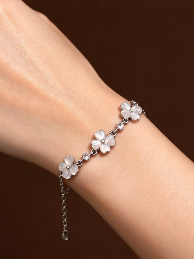 White Cats Eye Four Leaf Clover Bracelet - Silver Lucky Clover Chain Bracelet for Women