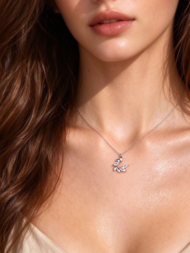 Silver Wheat Ear CZ Necklace - Delicate Marquise Crystal Pendant Chain for Women