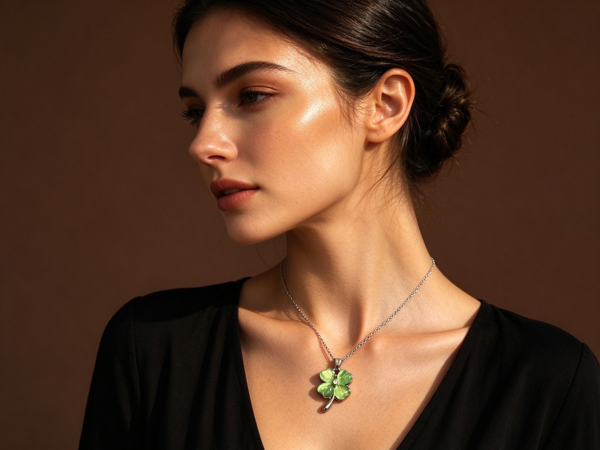 Green Clover Pendant Necklace - Dainty Four Leaf Clover Silver Chain for Women