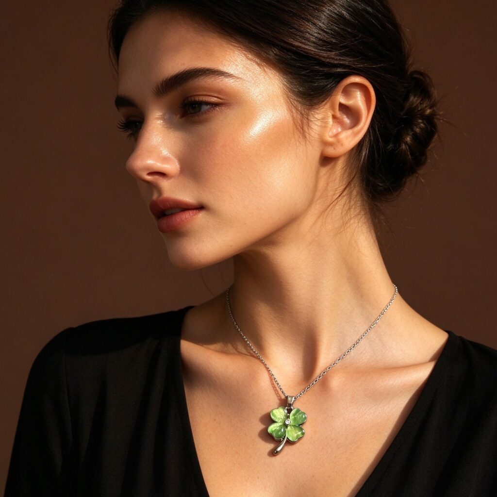 Green Clover Pendant Necklace – Dainty Four Leaf Clover Silver Chain for Women