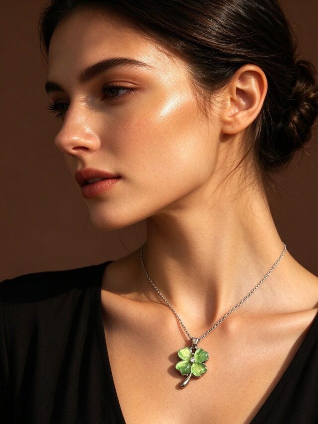 Green Clover Pendant Necklace - Dainty Four Leaf Clover Silver Chain for Women