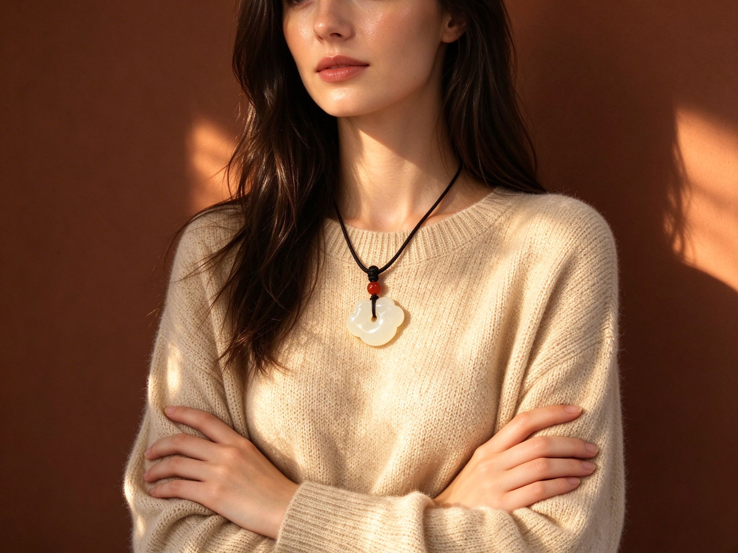 White Jade Ruyi Peace Buckle Necklace with Black Cord