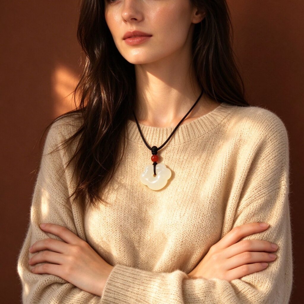 White Jade Ruyi Peace Buckle Necklace with Black Cord