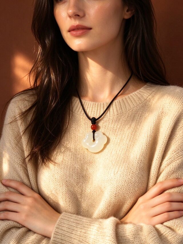 White Jade Ruyi Peace Buckle Necklace with Black Cord