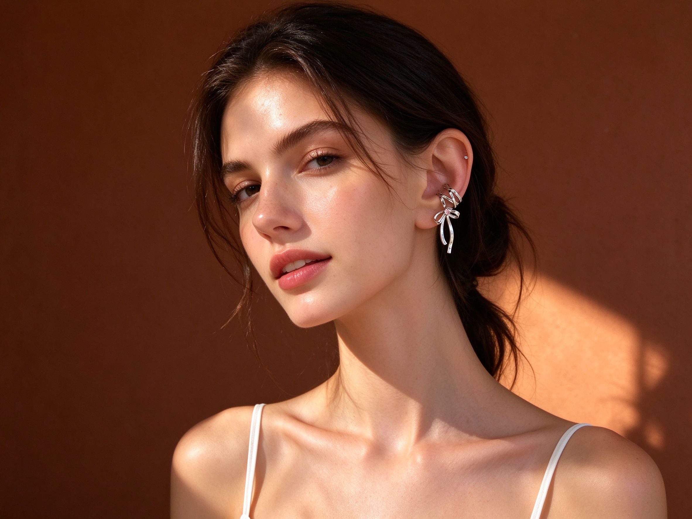 Silver Ribbon Bow Ear Cuff - Non-Piercing Cartilage Clip with Pink CZ