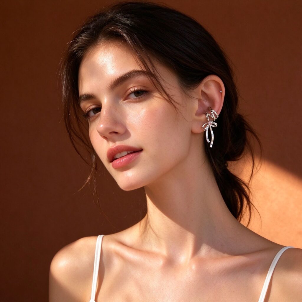 Silver Ribbon Bow Ear Cuff – Non-Piercing Cartilage Clip with Pink CZ
