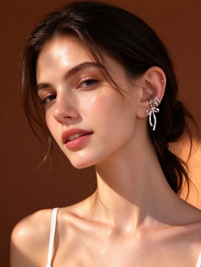 Silver Ribbon Bow Ear Cuff - Non-Piercing Cartilage Clip with Pink CZ