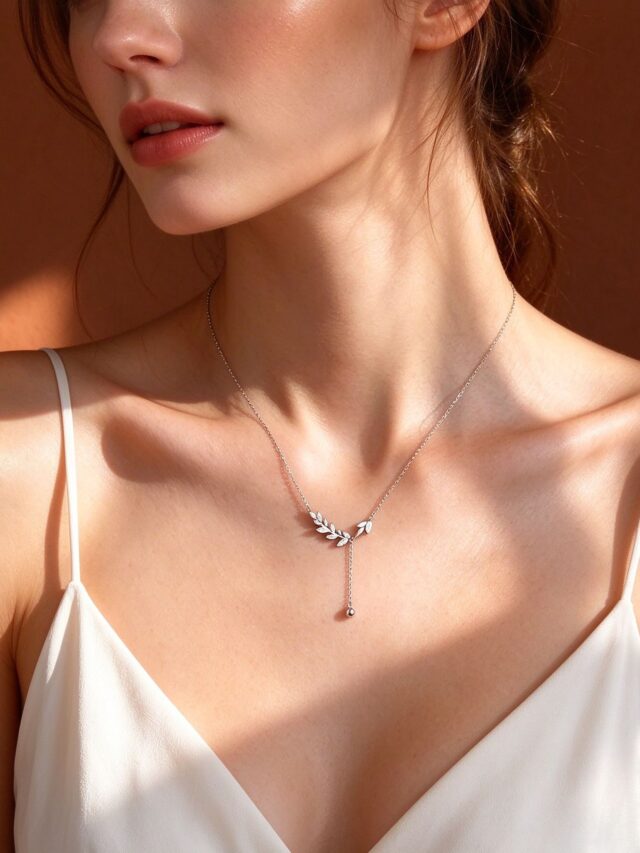 Silver Wheat Leaf Y-Drop Necklace - Delicate Crystal Leaf Pendant Chain