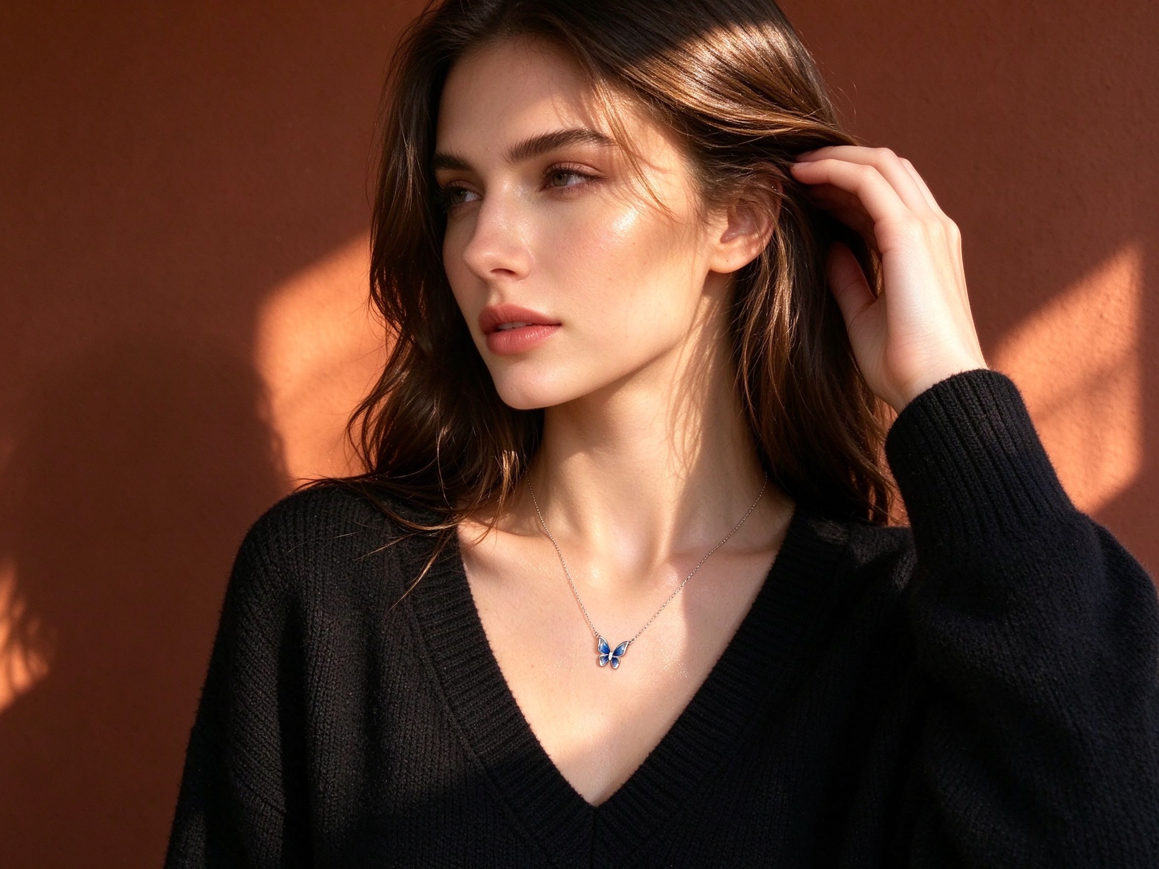 Gradient Blue Enamel Butterfly Necklace - Delicate Silver Chain Pendant