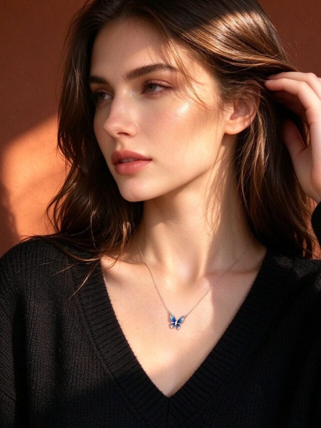 Gradient Blue Enamel Butterfly Necklace - Delicate Silver Chain Pendant