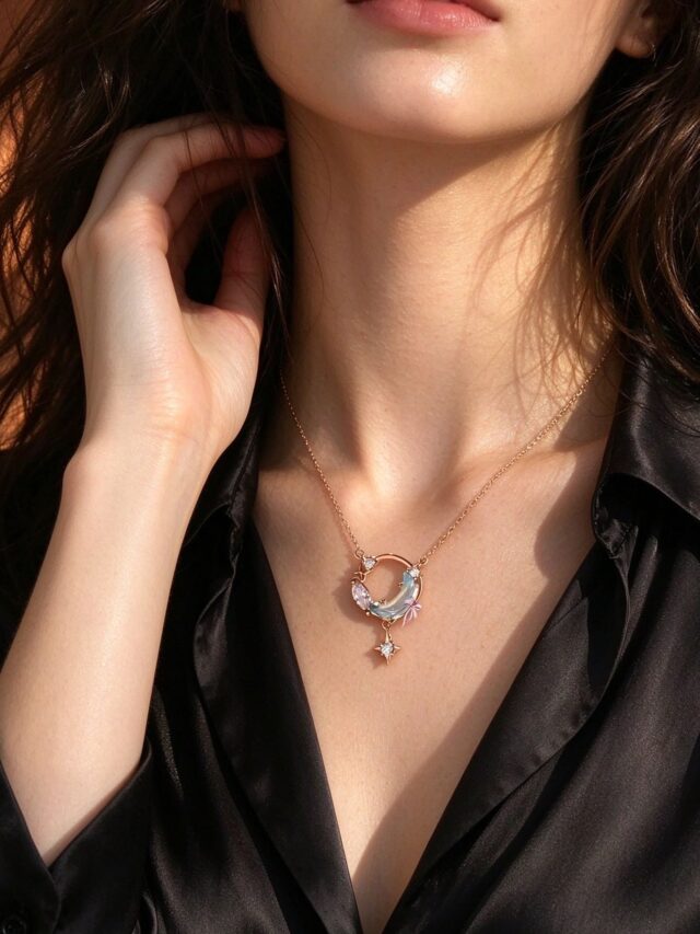 Celestial Moon Star Pendant Necklace - Rose Gold Crescent Moon CZ Necklace for Women